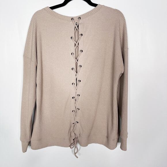Doe & Rae Womens Small S Brown Ribbed Long Sleeve Lace Up Back Top Cozy Soft - Picture 2 of 8
